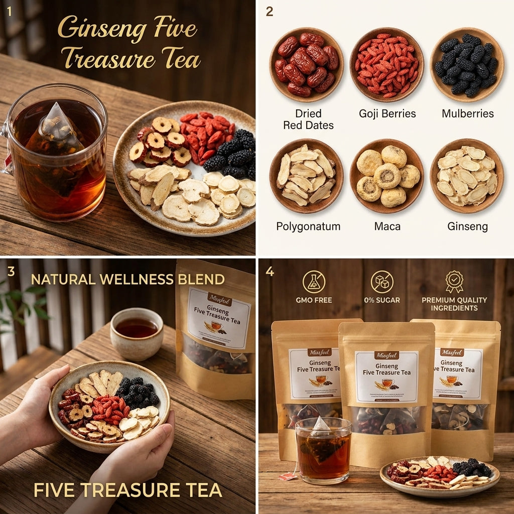 Ginseng Five Treasure Herbal Tea – Natural Energy & Stamina Wellness Blend with Maca | Individually Wrapped