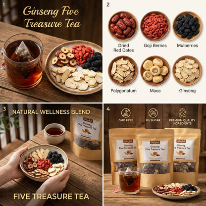 Ginseng Five Treasure Herbal Tea – Natural Energy & Stamina Wellness Blend with Maca | Individually Wrapped