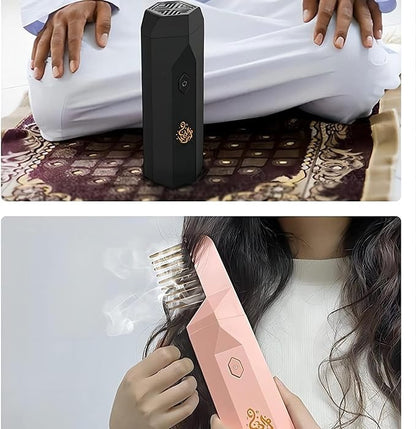 Bishkoor Electric Hair Bakhoor Comb – 2-in-1 Portable Incense Burner & Hair Comb | Black & Gold | USB Rechargeable