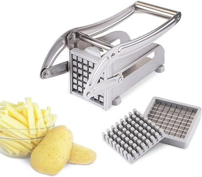 Stainless Steel Potato Slicer & French Fry Cutter – Manual Vegetable Chopper with Interchangeable Blades & Non-Slip Base