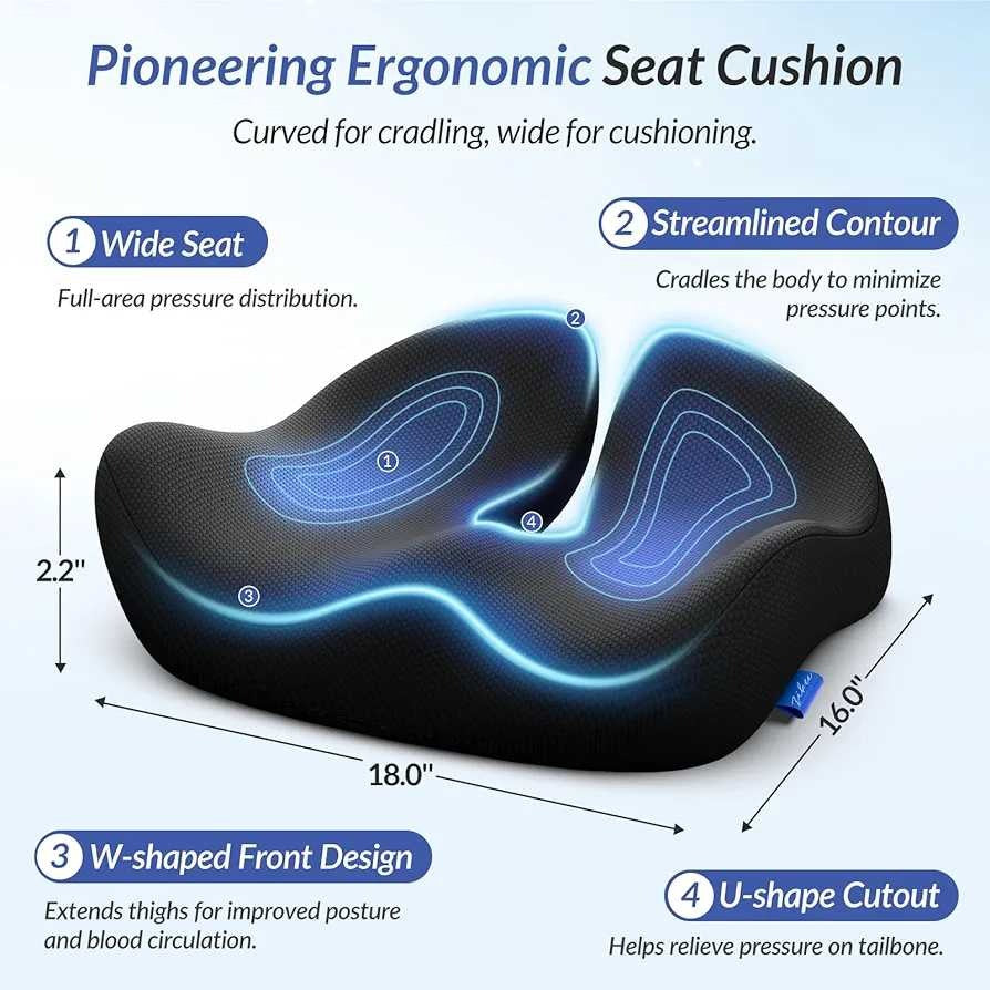 Ergonomic Memory Foam Seat Cushion – Orthopedic Coccyx & Lower Back Support for Office, Car & Home