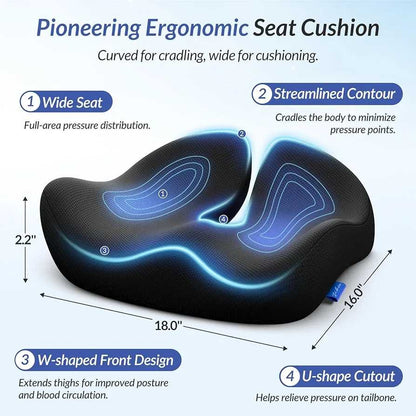Ergonomic Memory Foam Seat Cushion – Orthopedic Coccyx & Lower Back Support for Office, Car & Home