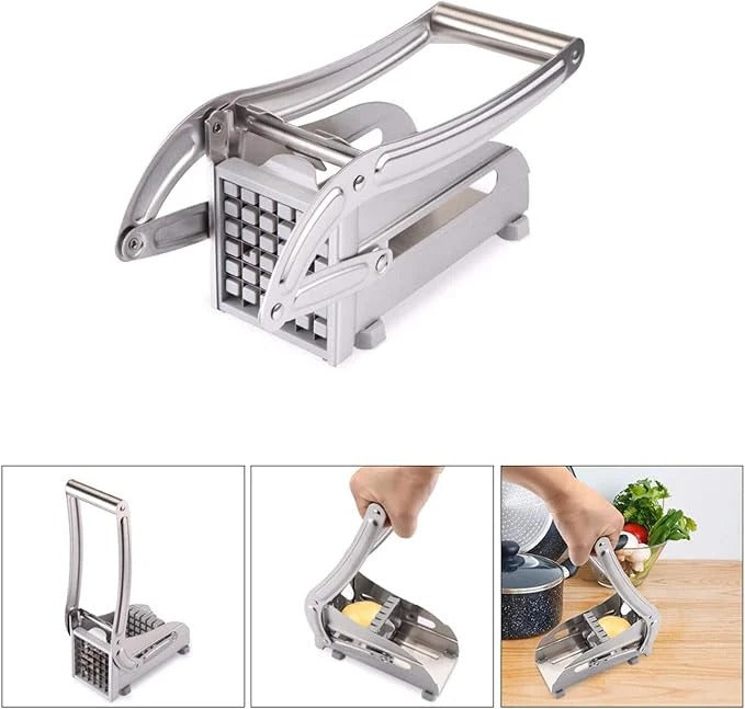 Stainless Steel Potato Slicer & French Fry Cutter – Manual Vegetable Chopper with Interchangeable Blades & Non-Slip Base
